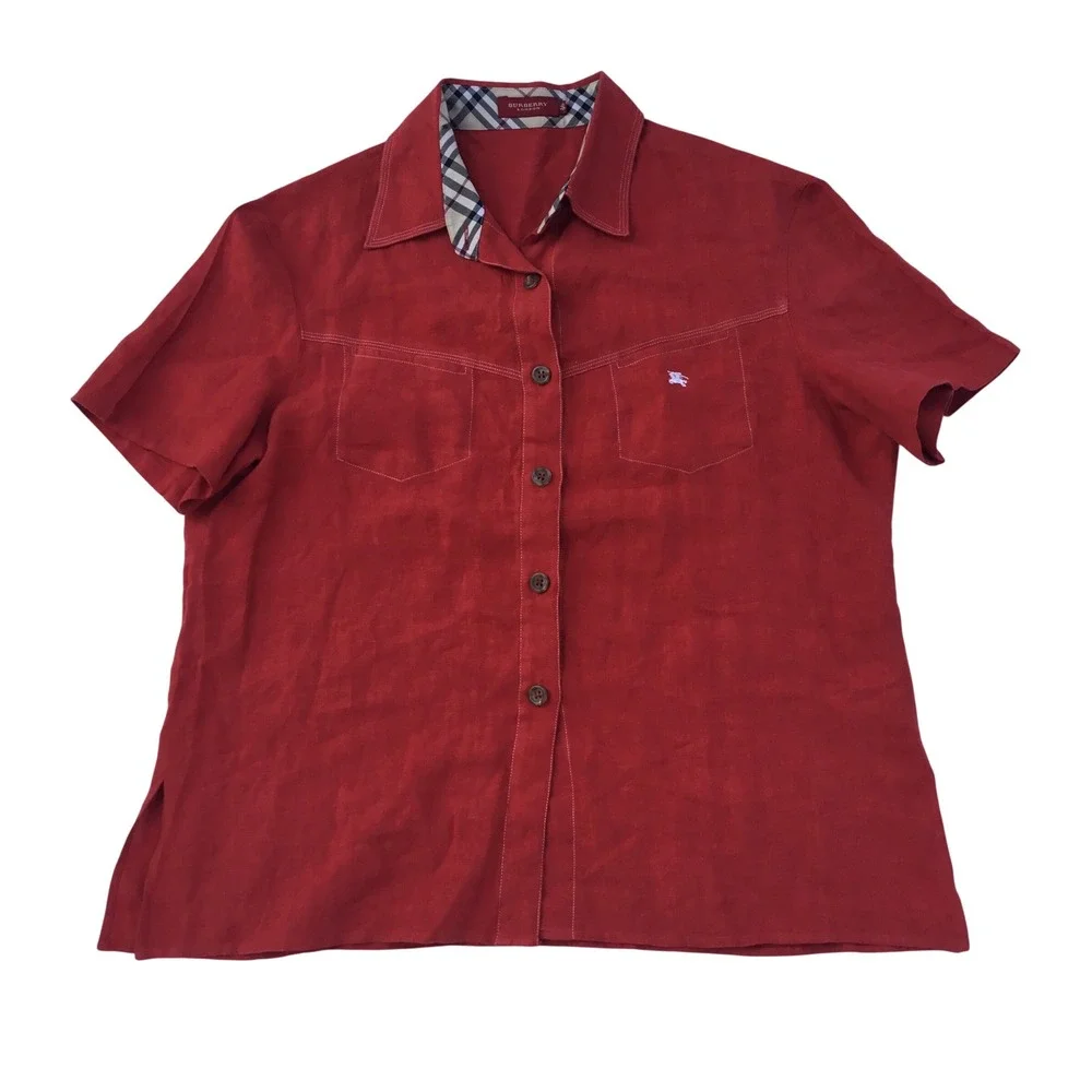 Burberry London Red 100% Linen Short Sleeve Button Down Shirt Nova Check Trim 46